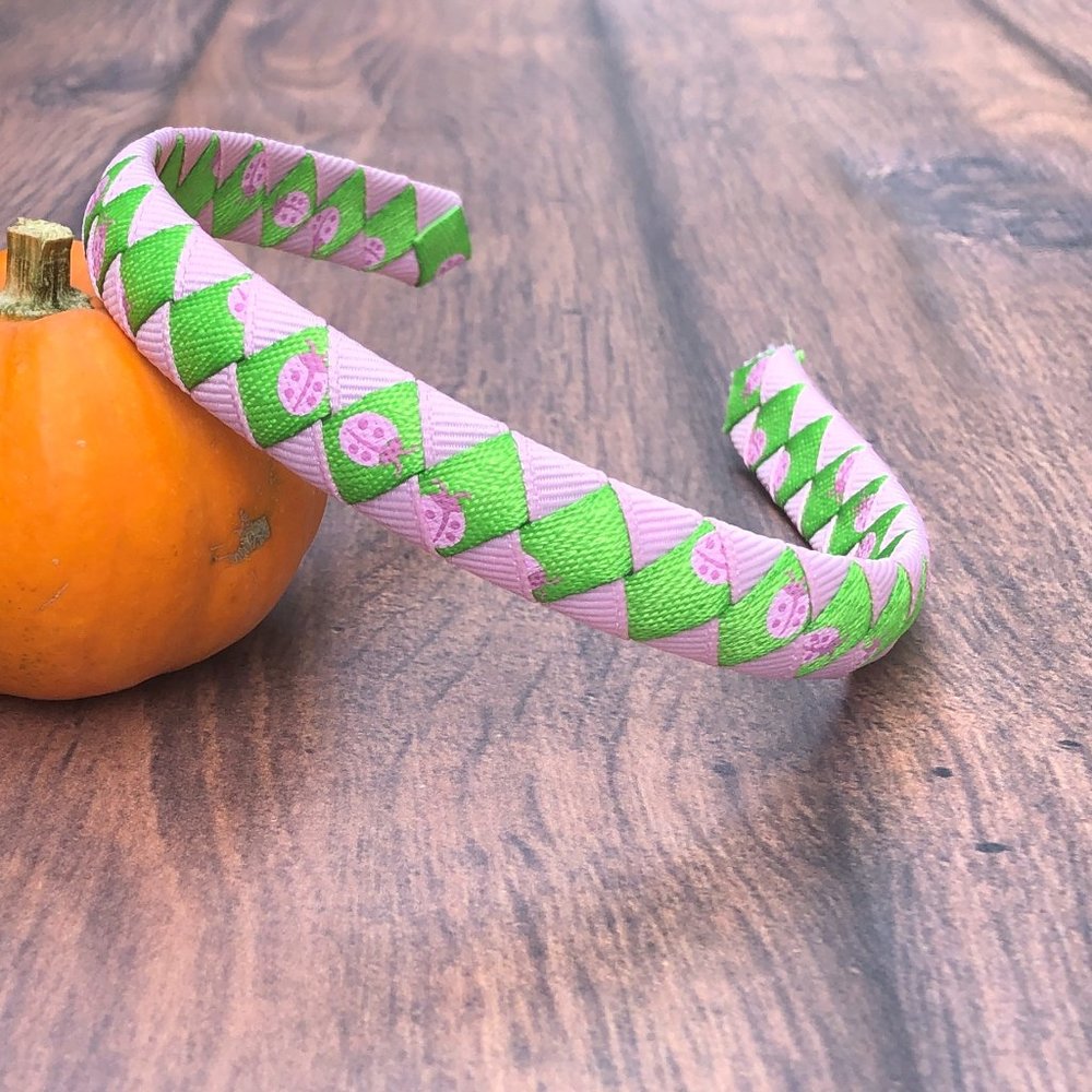 Toddler Headband, Pink and Green Ladybug Ribbon, Diamond Pattern